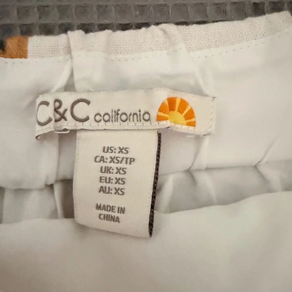 C&C California 2 Piece Set XS White Multicolor Postcard Print Top Mini Skirt